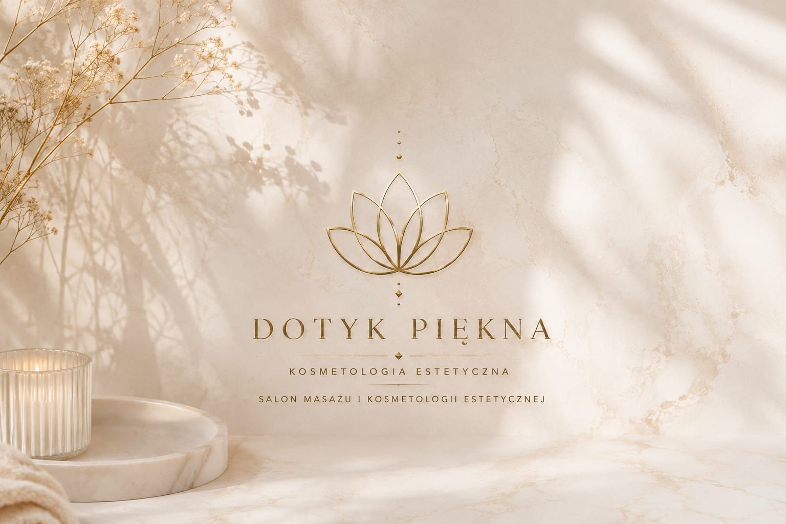 Logo Dotyk Piękna — złoty lotos na kremowym marmurze