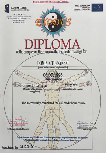 Dyplom ukończenia kursu masażu terapeutycznego (140 h)