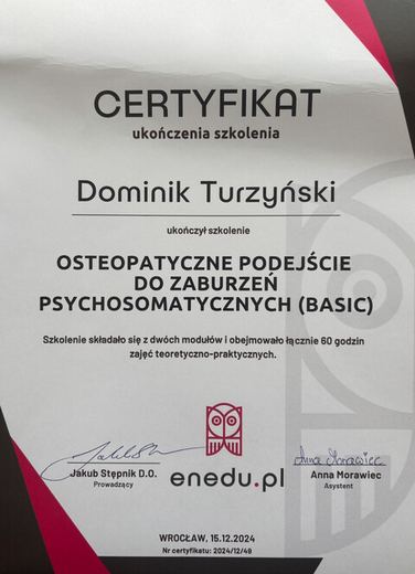 Certyfikat szkolenia z osteopatii — moduł zaawansowany