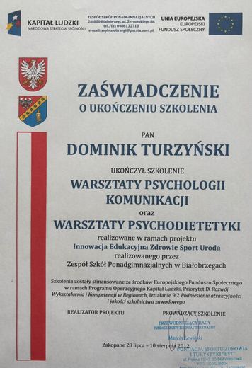 Zaświadczenie: warsztaty z psychodietetyki i psychologii komunikacji